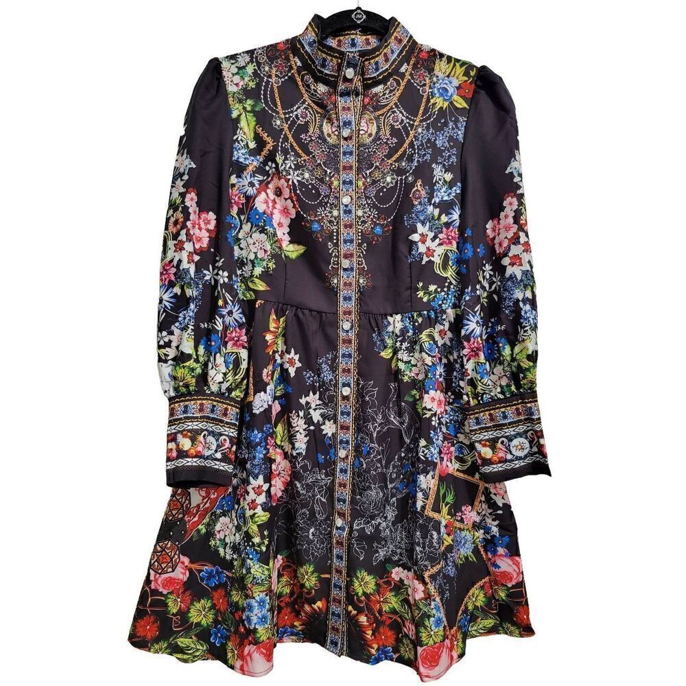 Floral Printed Mock Neck Long Sleeve Button Casual Shirt Dress - Picture 6 of 12